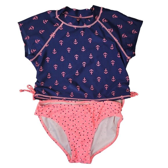 Cat & Jack Girls 3 Piece Swimsuit Blue Pink Size 7 Medium Anchor Dots Rashguard - Picture 2 of 16